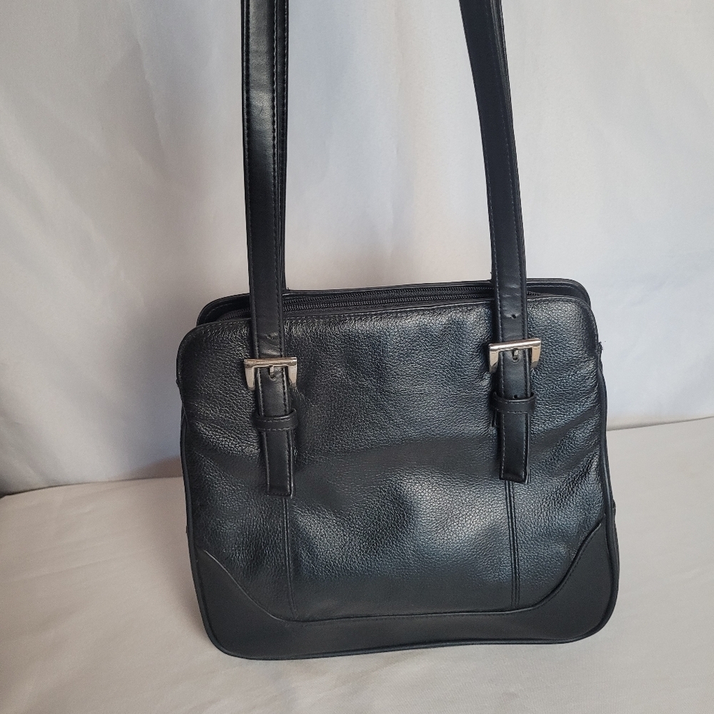 Black Leather Double Strap Shoulder Bag Hush Puppies EUC